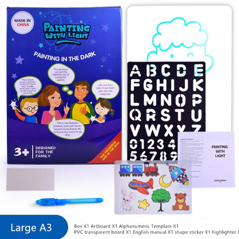 Magic Beam Tablet LED Luminous Drawing Board Graffiti Doodle Drawing Tablet Draw with Light-Fun Fluorescent Pen Educational Toy: New English A3