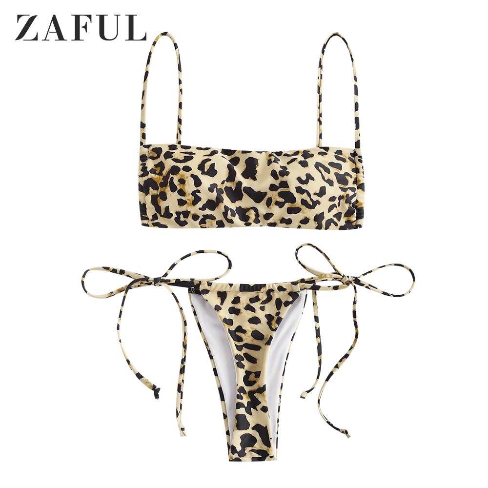 Zaful Gewatteerde Tijgerprint String Bikini Badmode Cami Animal Print Twee Stukken Badpak: Light Coffee / M