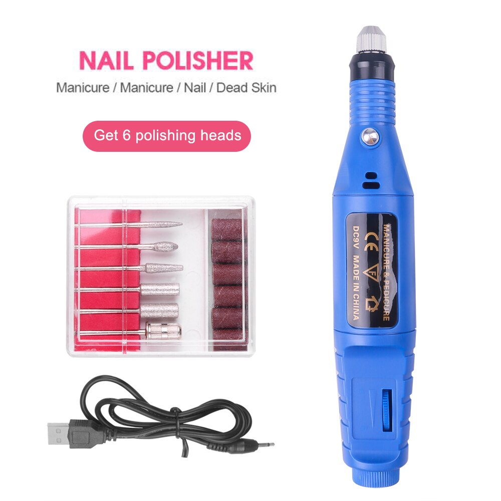 1 sæt power elektrisk manicure maskine pen pedicure neglefil værktøj 6 bits negle boreudstyr: Blå