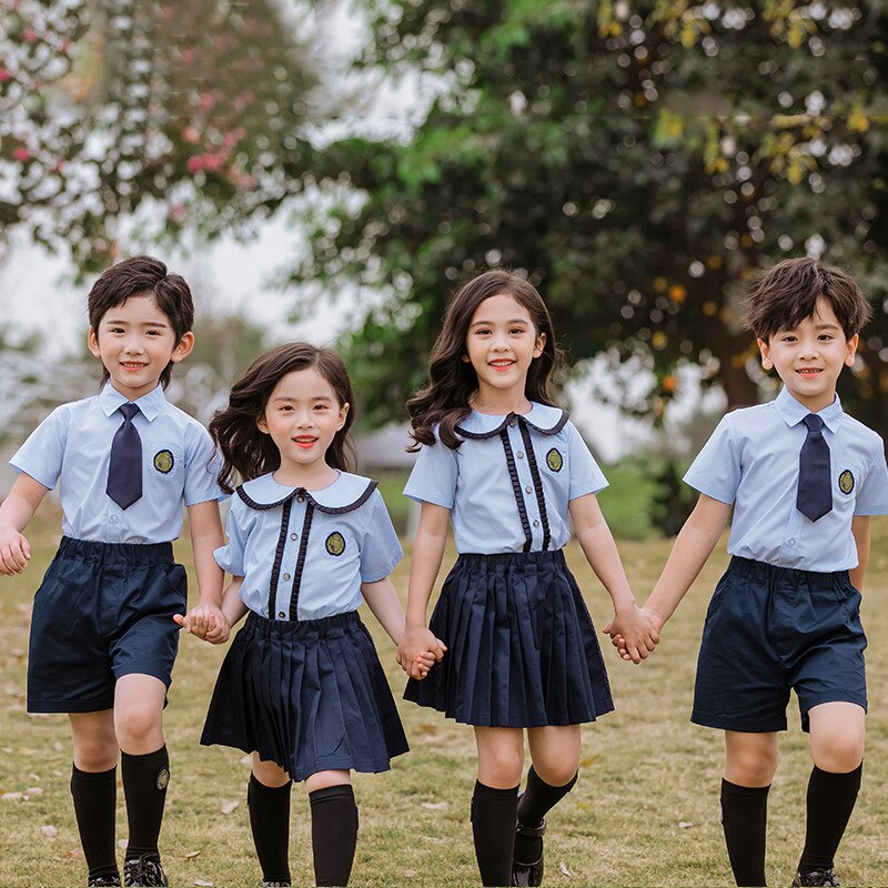 Uniforme escolar japonés coreano de algodón para niños y niñas, camisa azul, faldas plisadas, pantalones cortos, conjunto de ropa, traje para estudiantes