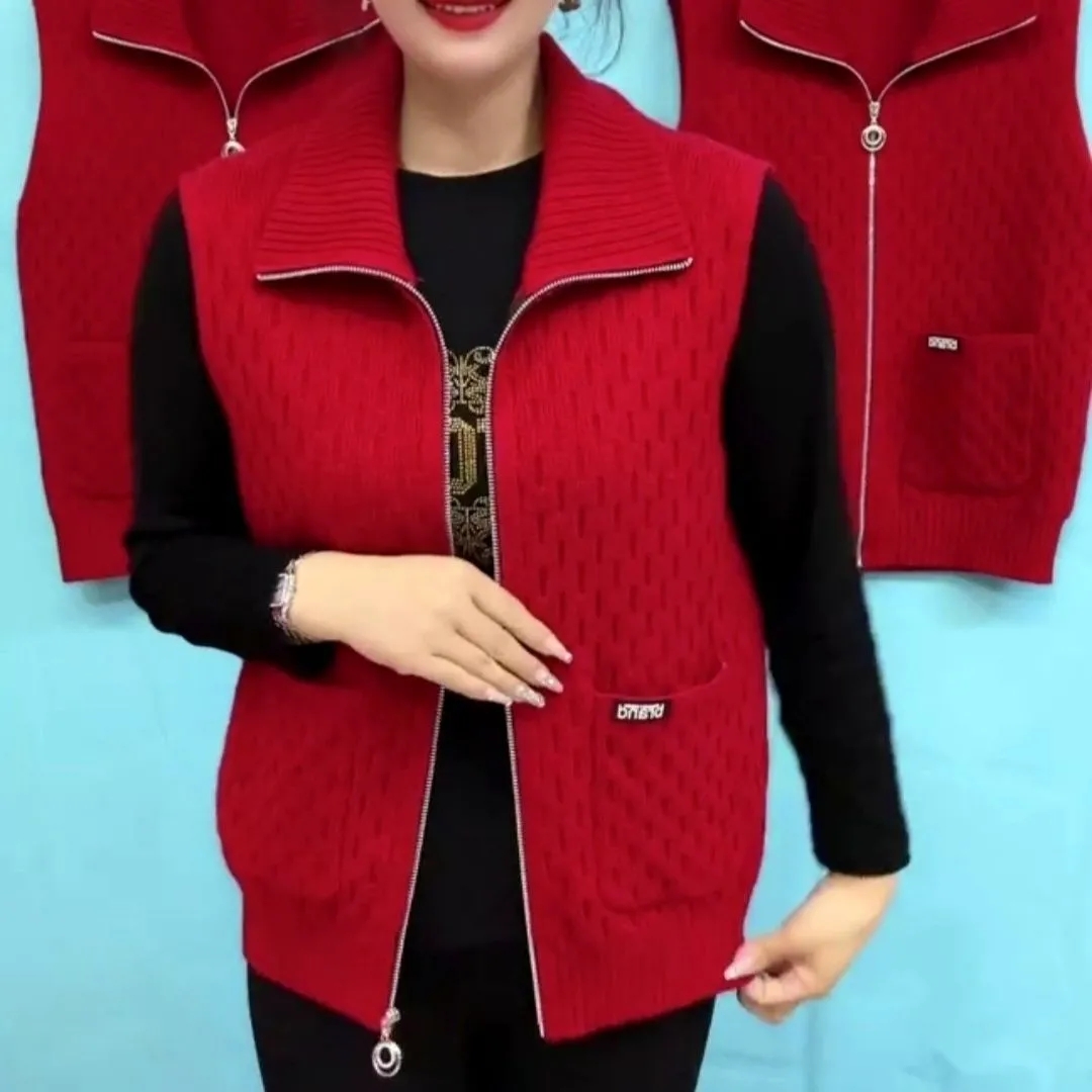 Morvest forår efterår revers strikket cardigan sweater frakke ensfarvet lynlås ærmeløs jakke damevest 5x: 4xl / Mørkegrå