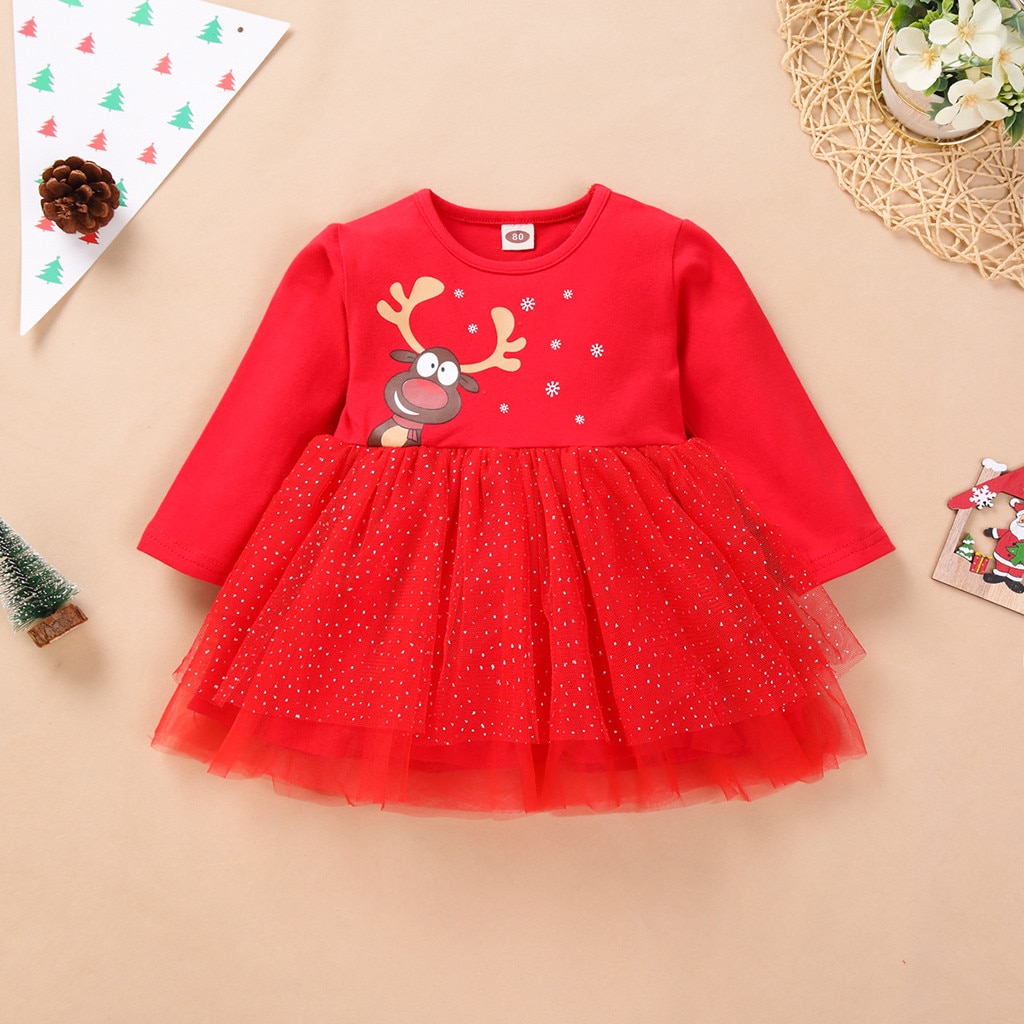 Christmas Dress Girl 12m-4t Newborn Youth Teen Girl Long Sleeve Christmas Day Cartoon Deer Tulle Dress Vestido De Niñas