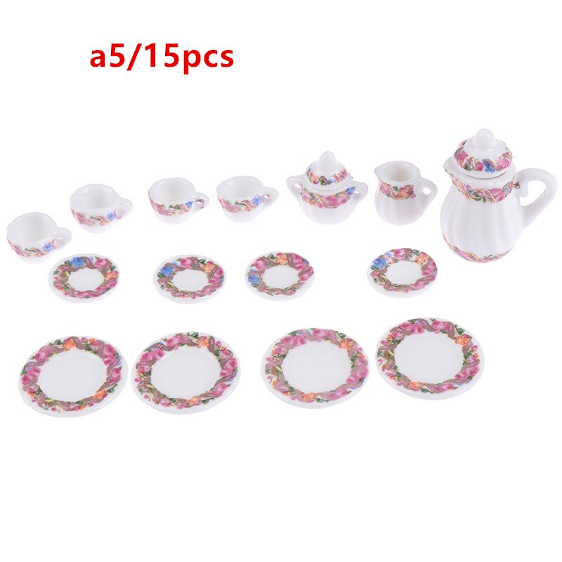 15Pcs 1:12 Miniature Porcelain Tea Cup Set Chintz Flower Tableware Kitchen Dollhouse Furniture Toys For Children: a5