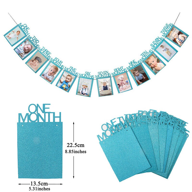 Happy Birthday Photo Frame Banner First Party Decorations 1st Baby Boy Girl My 1 One Year Paper Garland Supplies Blue 12 Months: blue 12 Months