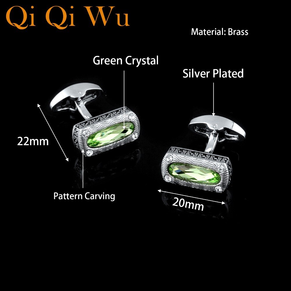 QiQiWu Retro Green Crystal Men Cufflinks Wedding Luxury Square Mens Shirt Cuff Buttons Silver Plated Cuff links Christmas