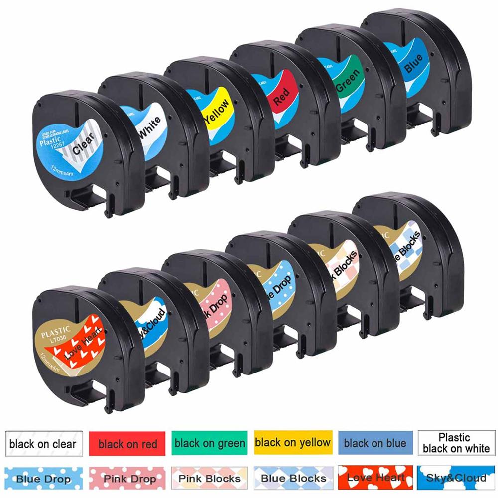 12Pcs Label Tape - 12mm - Plastic & Paper - For Dymo Letratag LT-100H Label Maker: Set C