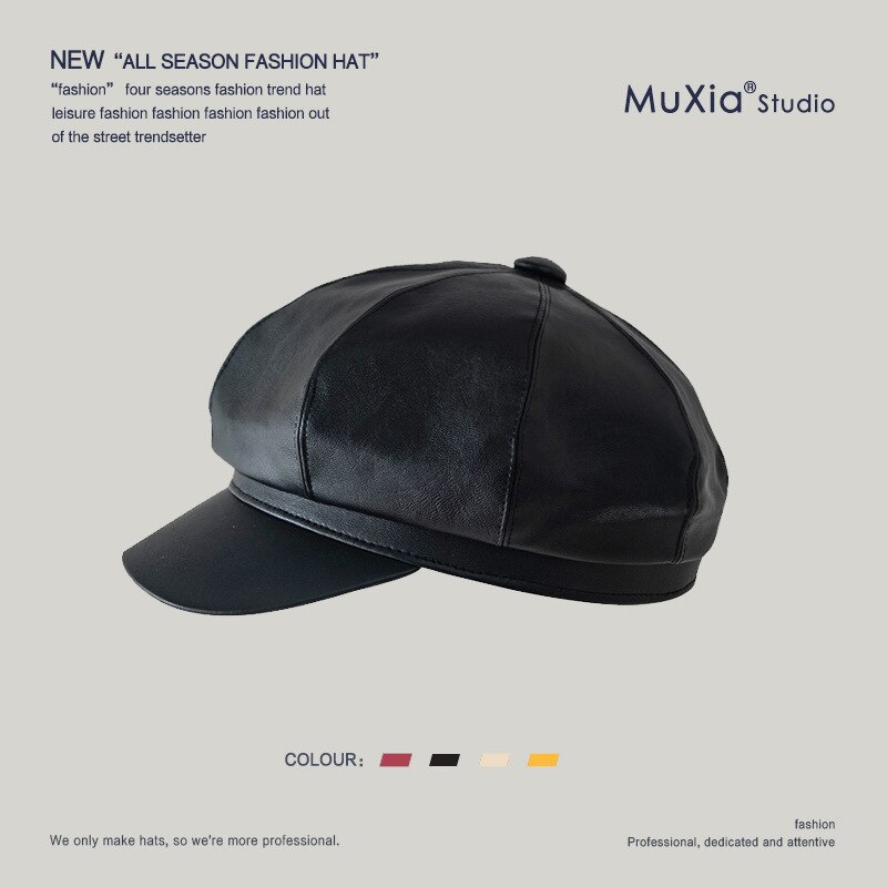 Cuero de la PU de invierno tapa octogonal chicas boina sombreros para las mujeres de Color verde gorras estilo vendedor de periódicos de la mujer de estilo británico boinas gorro para mantenerse: black