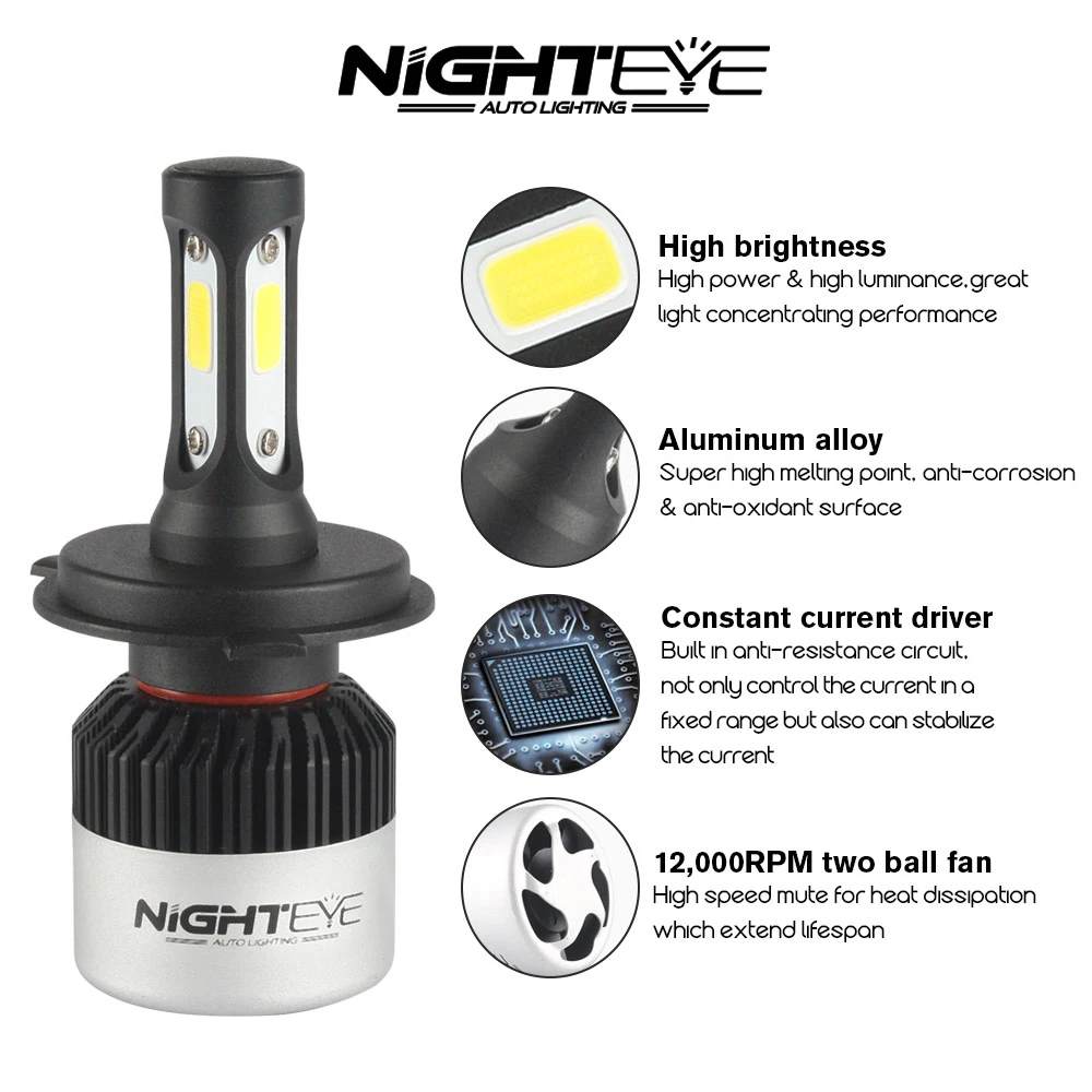 NIGHTEYE faros de coche superbrillantes H7 LED H4 led H8/H9/H11 HB3/9005 HB4/9006 bombilla automática 72W 9000LM faros de automóviles 6500K