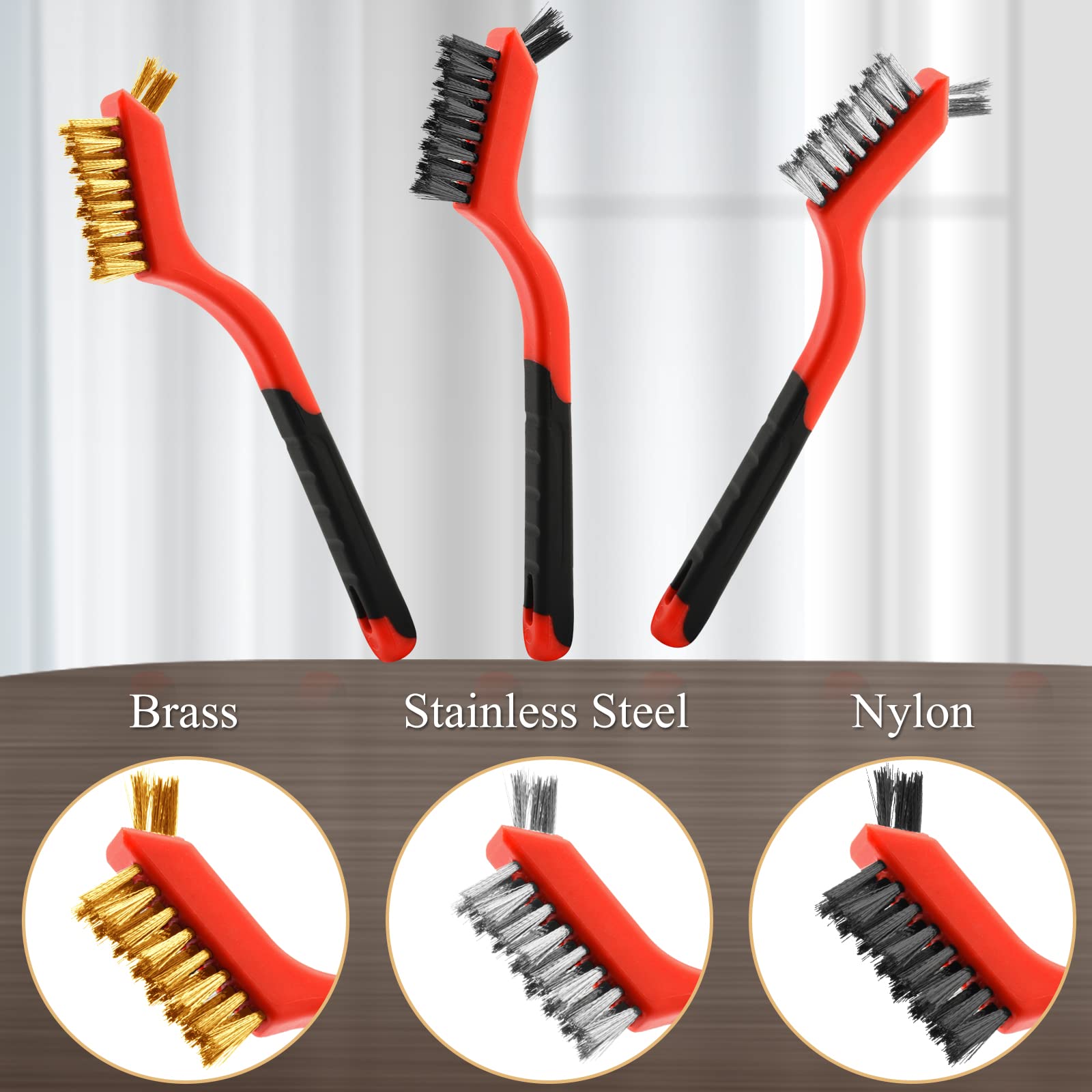 3Pcs Wire Brush Set, Wire Brushes for Cleaning Rust Removal，Brass/Nylon/Stainless Steel Brush with Curved Handle Grip: Red