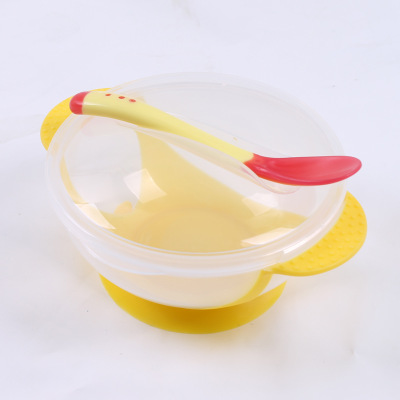 Baby skål temperatur sensing fodring ske barn bordservice mad skål læring retter service plade / bakke sugning servise sæt: Gul dæksel