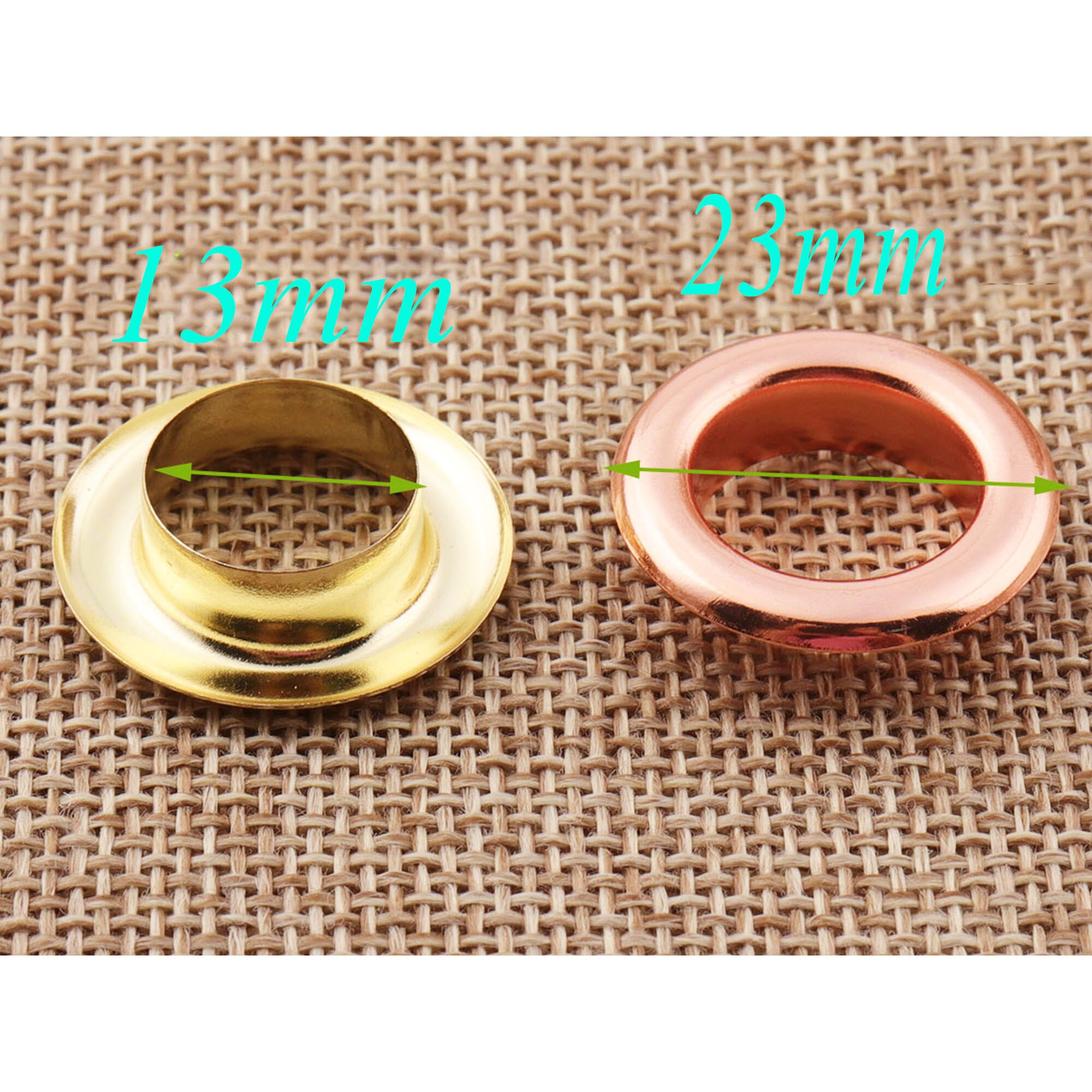 Store 100 sæt roséguld / guldmetal-øjenlåg øjenlåg med tønderdiameter med skiver til lærredstaske - 13mm