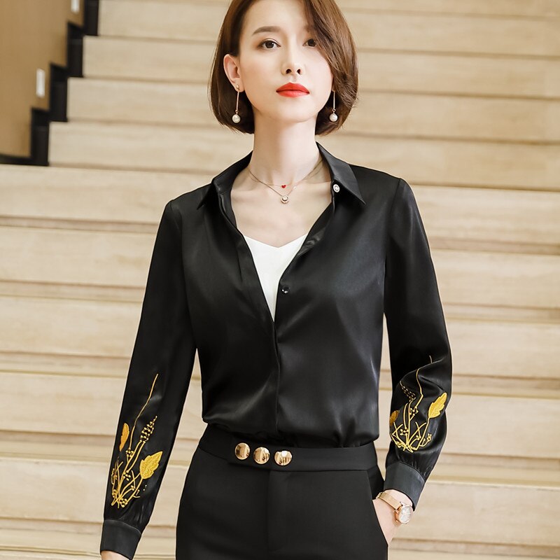 Blå chiffon skjorte kvinder forår broderede langærmede slanke bluser kontor damer arbejdstoppe