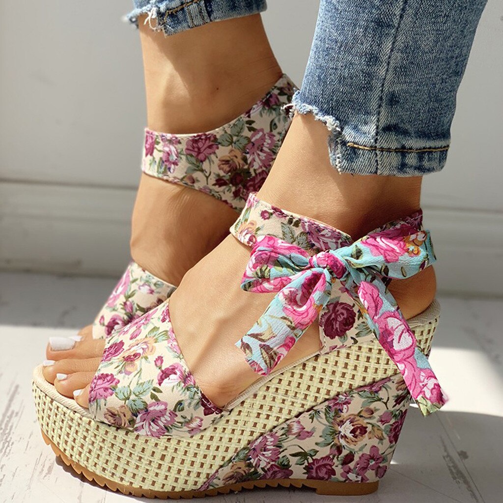 Zomer Wig Sandalen Vrouwen Dames Platform Wiggen Hak Sandalen Bloemen Strik Lace-Up Schoenen Open Teen dames Schoenen