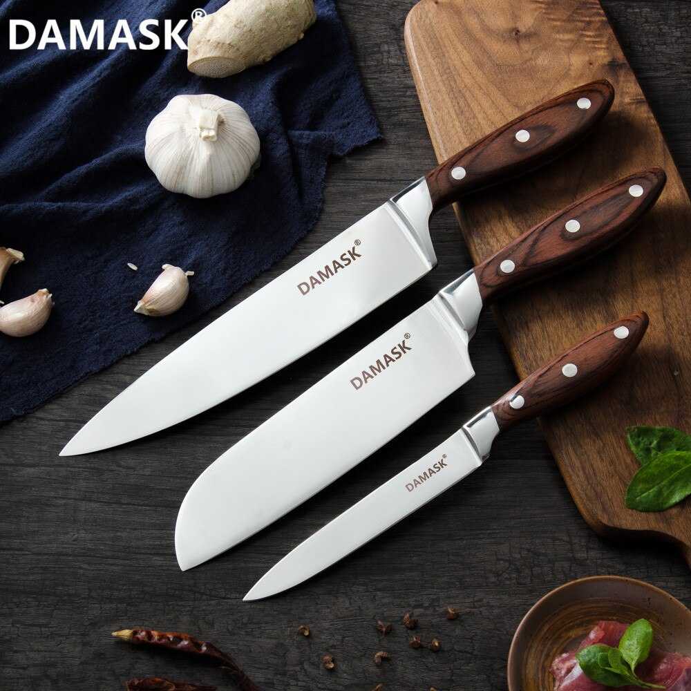 Damask Stainless Steel Knives Set 7CR17 High Carbon Steel Kitchen Cutlery Knife Utility Santoku Chef Knife With Full Tang Handle