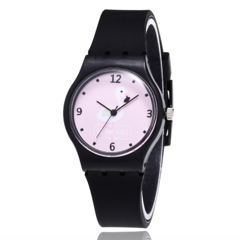 Montre en Silicone pour filles, montre-bracelet à Quartz, motif flamant rose, de dessin animé, tendance,: black