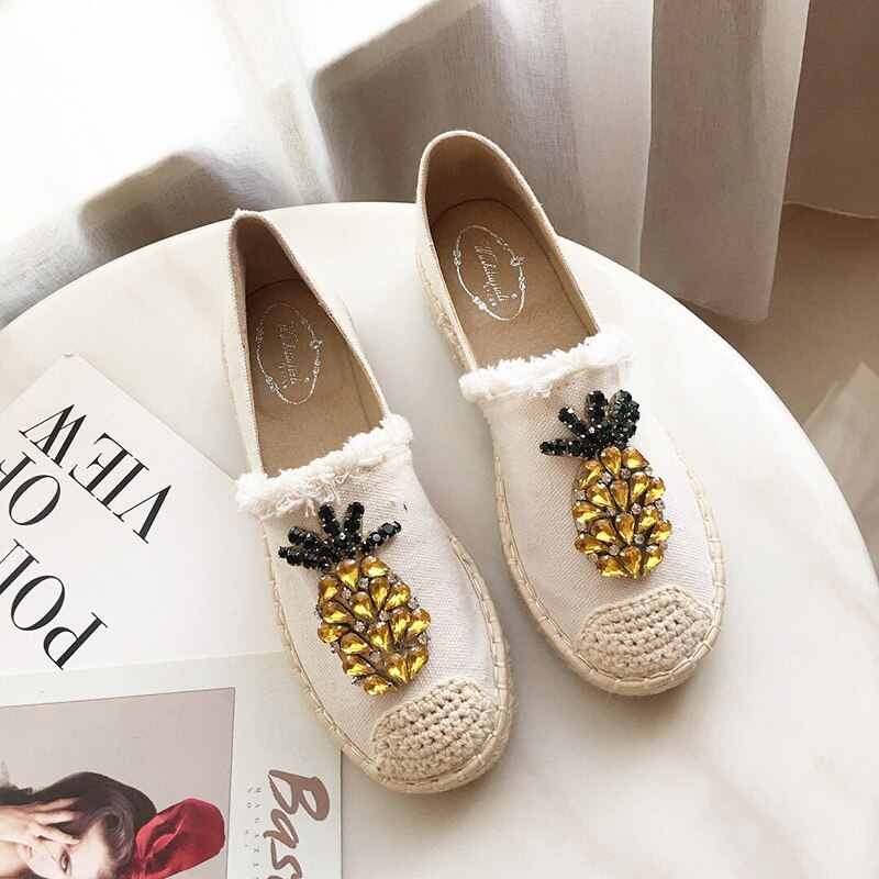 Nouvelles femmes Espadrilles chaussures plates cristal ananas chanvre pêcheur chaussures dames strass mocassins sans lacet chaussures simples S