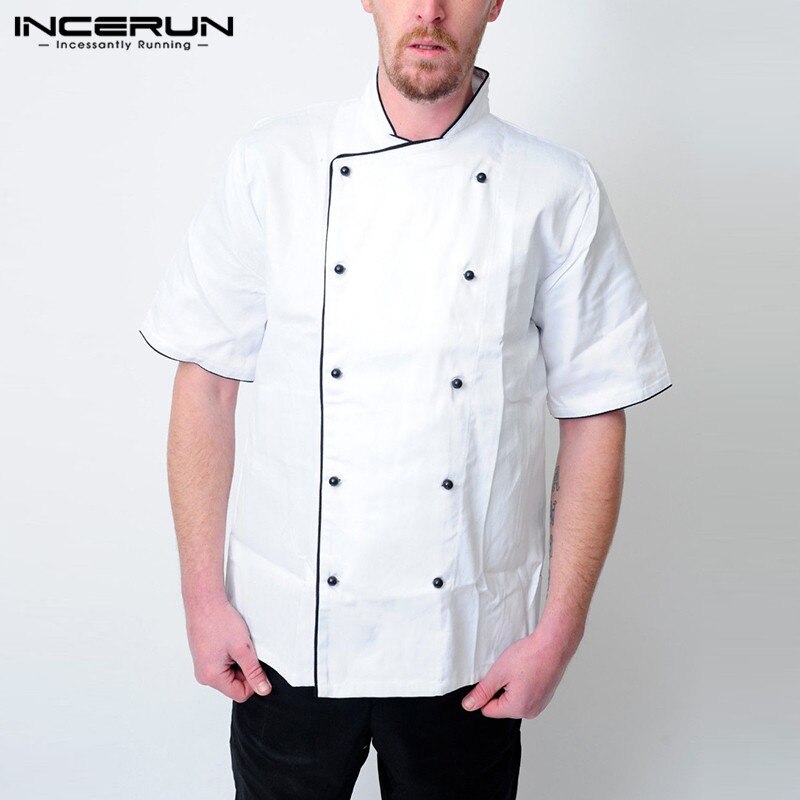 Incerun unisex kock uniform kortärmad dubbelknäppt arbetsjacka ståkrage matservering catering kök servitör toppar 5xl