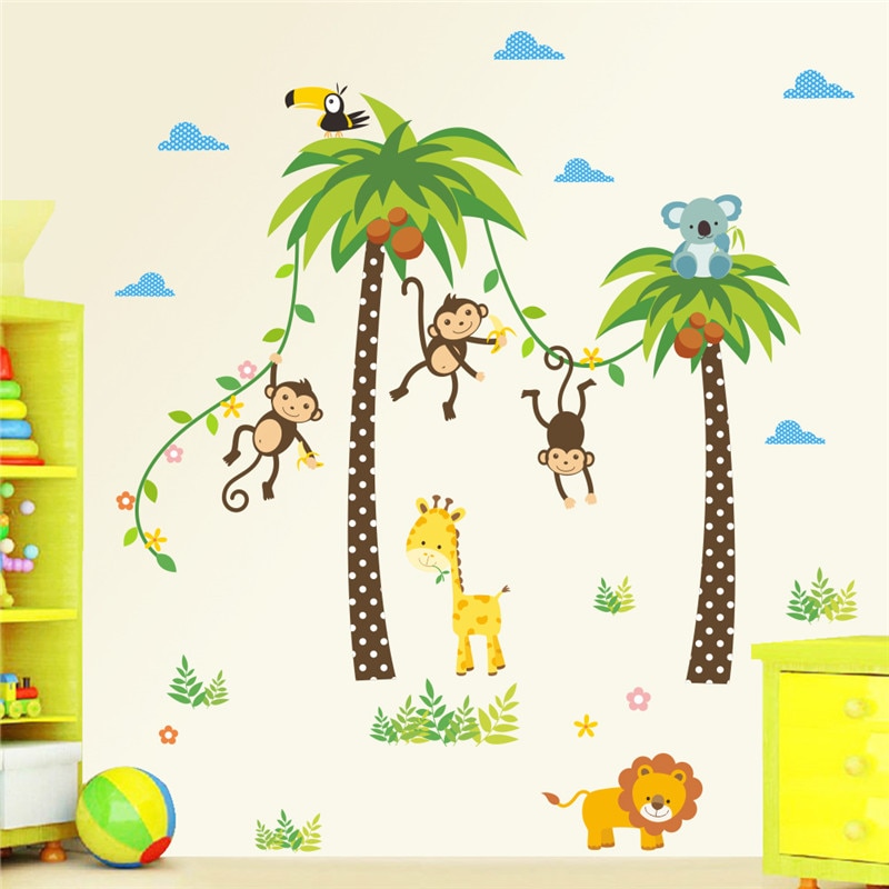 Bos Dieren Giraffe Lion Monkey Palm Boom muurstickers voor kinderkamer Kinderen Muurtattoo Nursery Slaapkamer Decor Poster Muurschildering