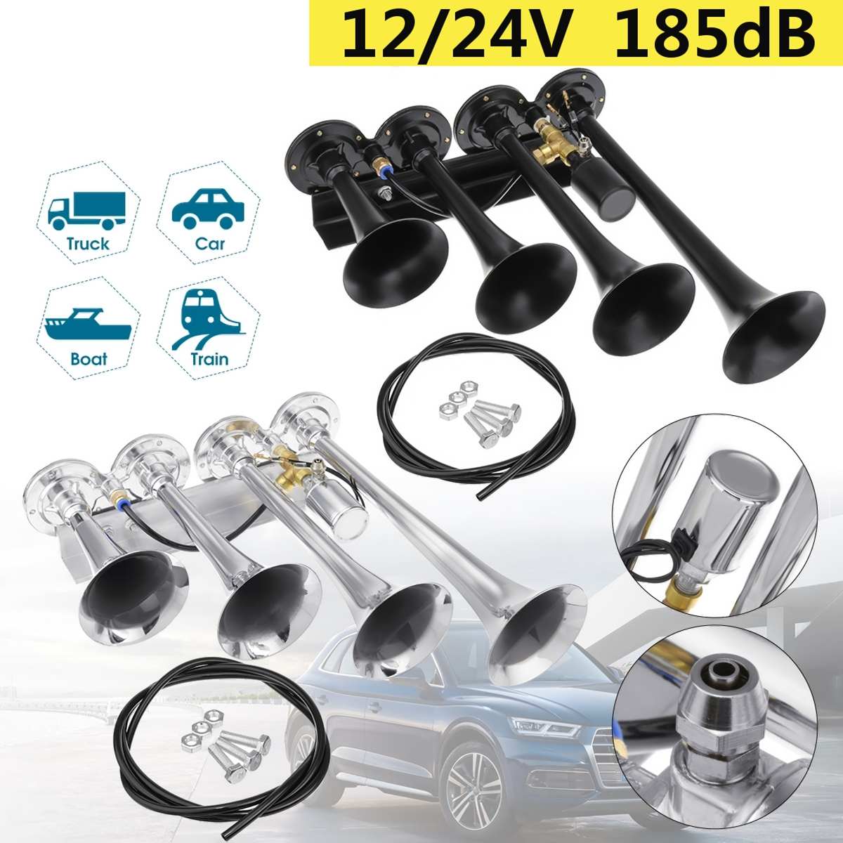 12V 24V 185DB fort 4/quatre trompette Air klaxon Chrome/noir pour Train voiture véhicule camion bateau moto