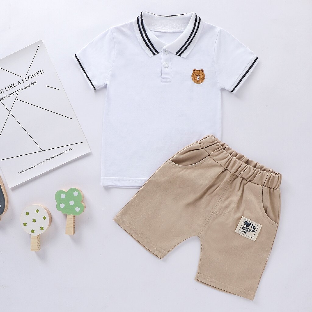 Baby Boy Kleding Sets Kids Bear Borduren Korte Mouwen T-shirt + Solid Aaien Outfit Zomer Kinderen Casual Kleding: WHITE / 3T