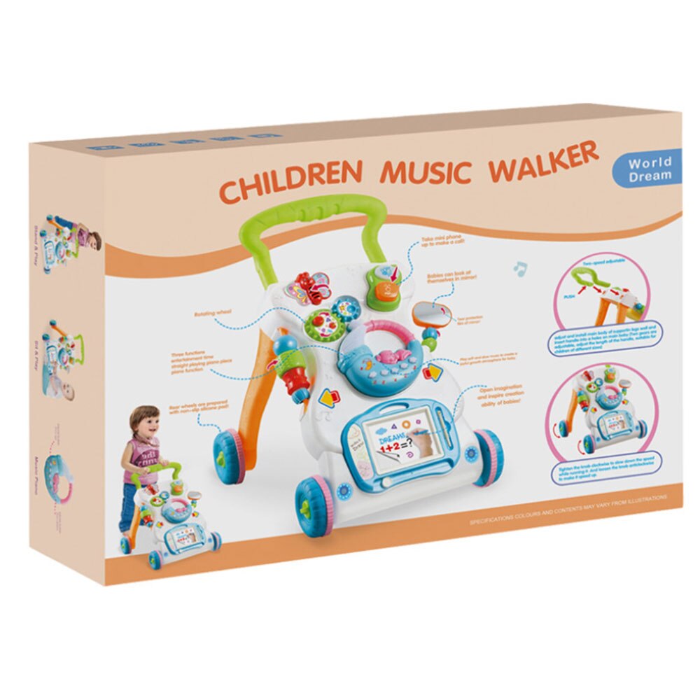 Multifunktions baby walker toddler trolley sit-to-stand abs musikalske rollator med justerbar højde anti-rollover for at lære at gå