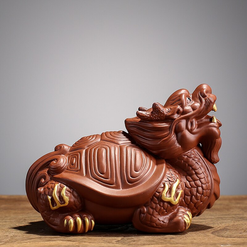 Statue de tortue et Dragon en argile violette, ornements créatifs pour le thé, Sculpture faite à la main, artisanat décoratif pour la maison: B1-- 14X10CM