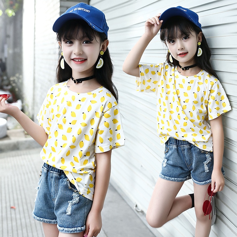 Camisetas de verano para niños y niñas camisetas de algodón con estampado de limón para niñas adolescentes Ropa para Niñas 8 10 12 años