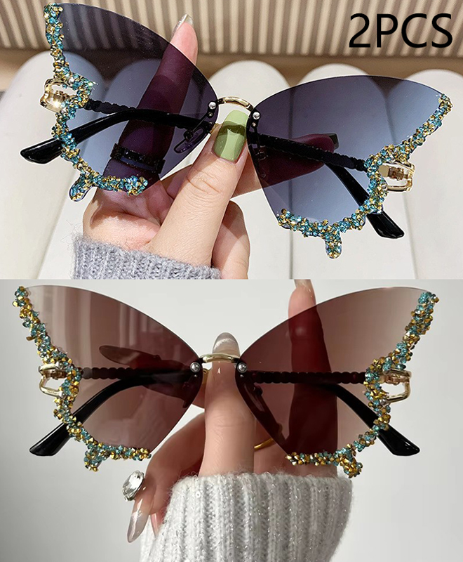 Luxus Diamant Schmetterling Sonnenbrille Frauen Y2K Jahrgang Randlose Übergroße Sonnenbrille Damen Brillen: MULTI