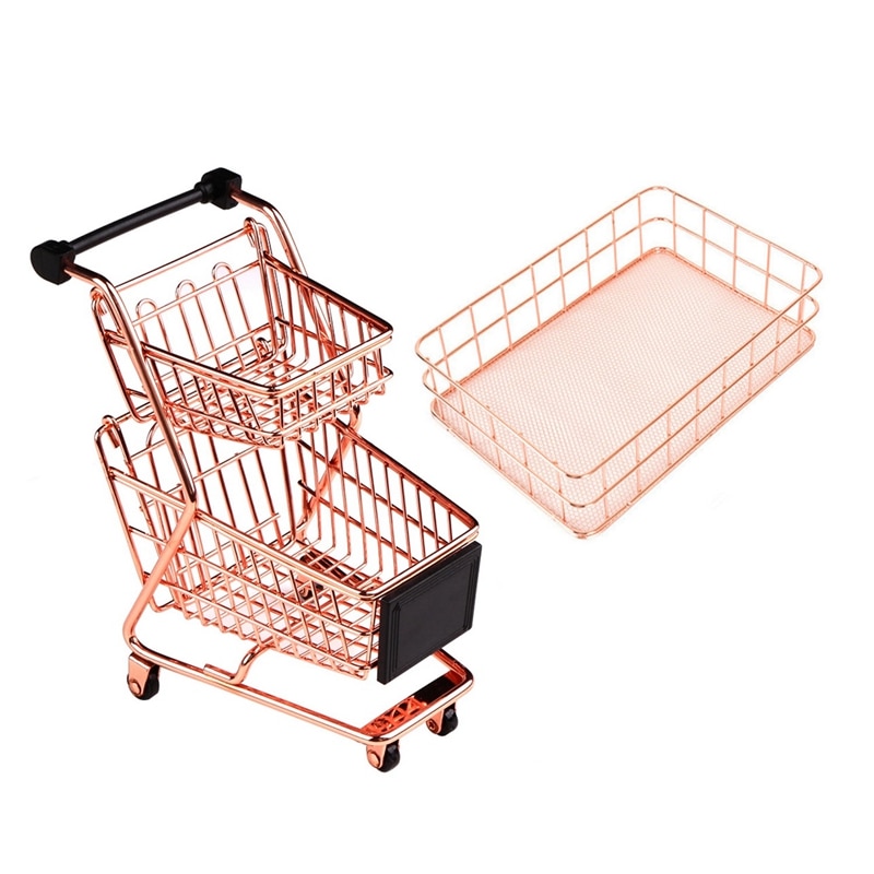 Rose Gold Metal Iron Storage Basket & Double Layers Shopping Cart Model Wrought Iron Supermarket Trolley Metal Rose Gold