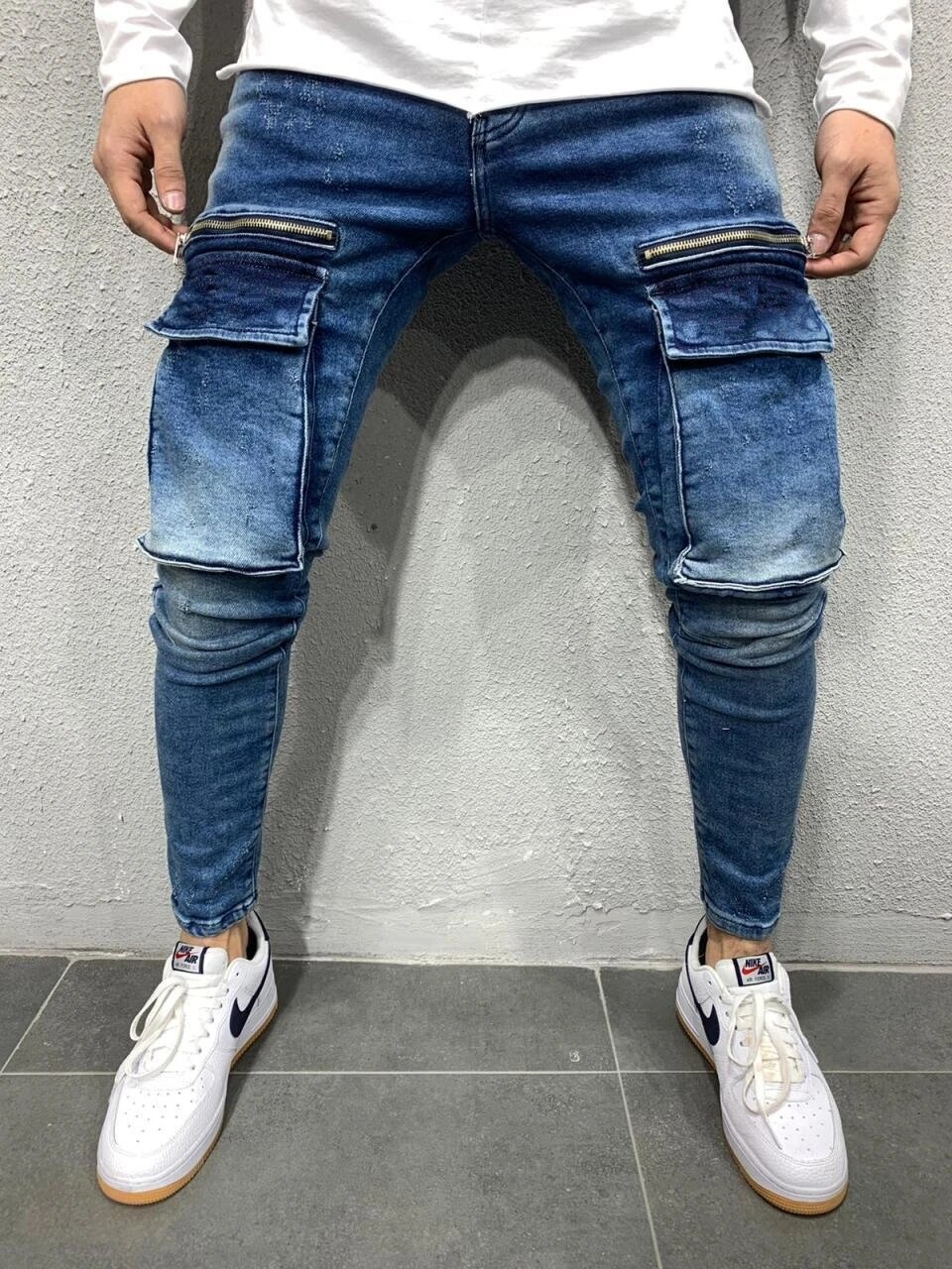 Mäns jeans stor ficka blixtlås dekoration ren bomull denim vatten land jeans: Blå / Xxxl