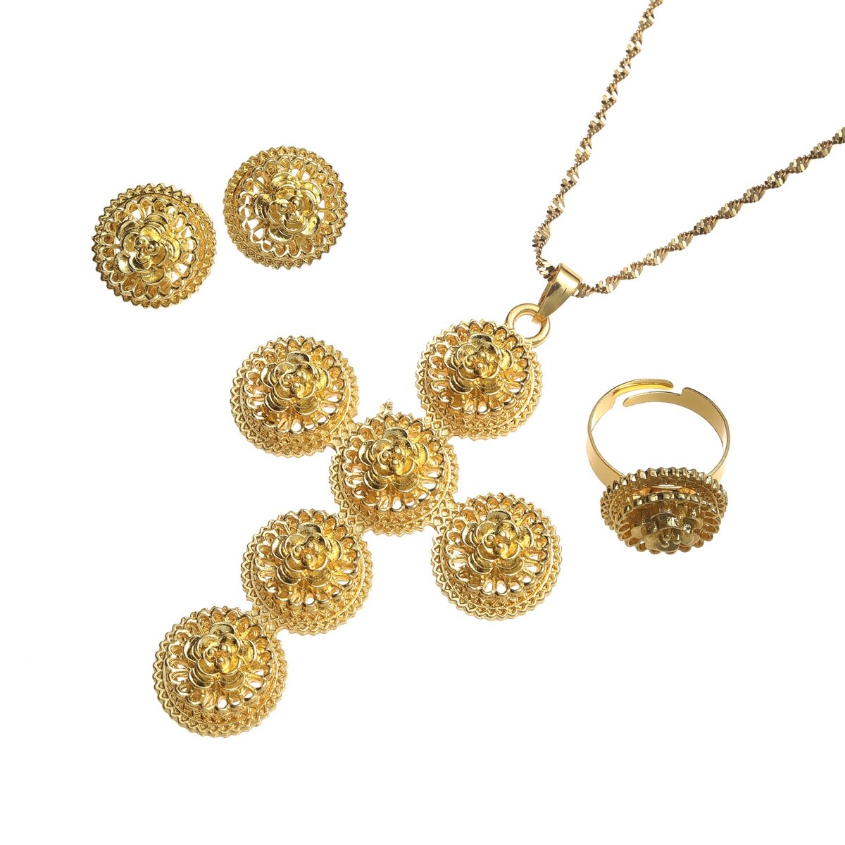 Goud Kleur Ethiopische Ketting Oorbellen Ring Ethiopië Eritrea Habesha Wedding Cross Sieraden Sets Voor Vrouwen Party