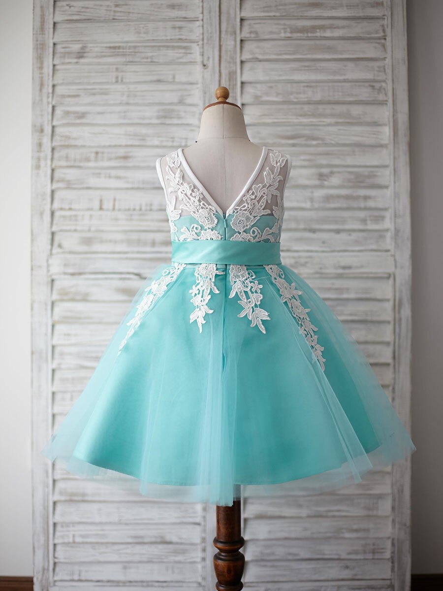 Vestidos de flores para niña vestido de baile cuello redondo sin mangas hasta la rodilla encaje tul vestido menta con lazo fajas para de boda