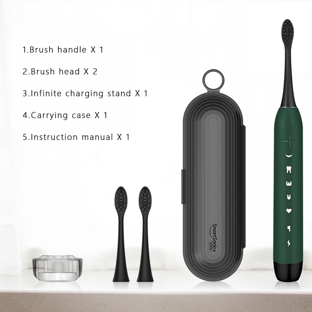 SmartSonic Waterproof Sonic Electric Toothbrush USB Rechargeable Tooth Brush Ultrasonic Toothbrush with 2 Brush Heads: Dark Green