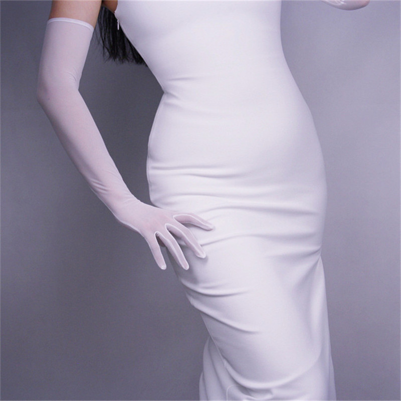 Women Gloves White Silk Elastic Lace Ultra-Thin Long Style Woman's Black Retro Mesh Evening Vestido Gloves TB67