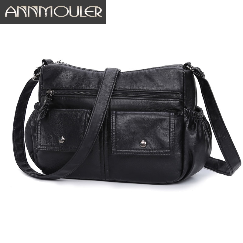 Annmouler-sac à bandoulière en cuir Pu pour femmes, sac à épaule noir doux, pochettes, sacoche pour dames, bourse pour dames, décontracté