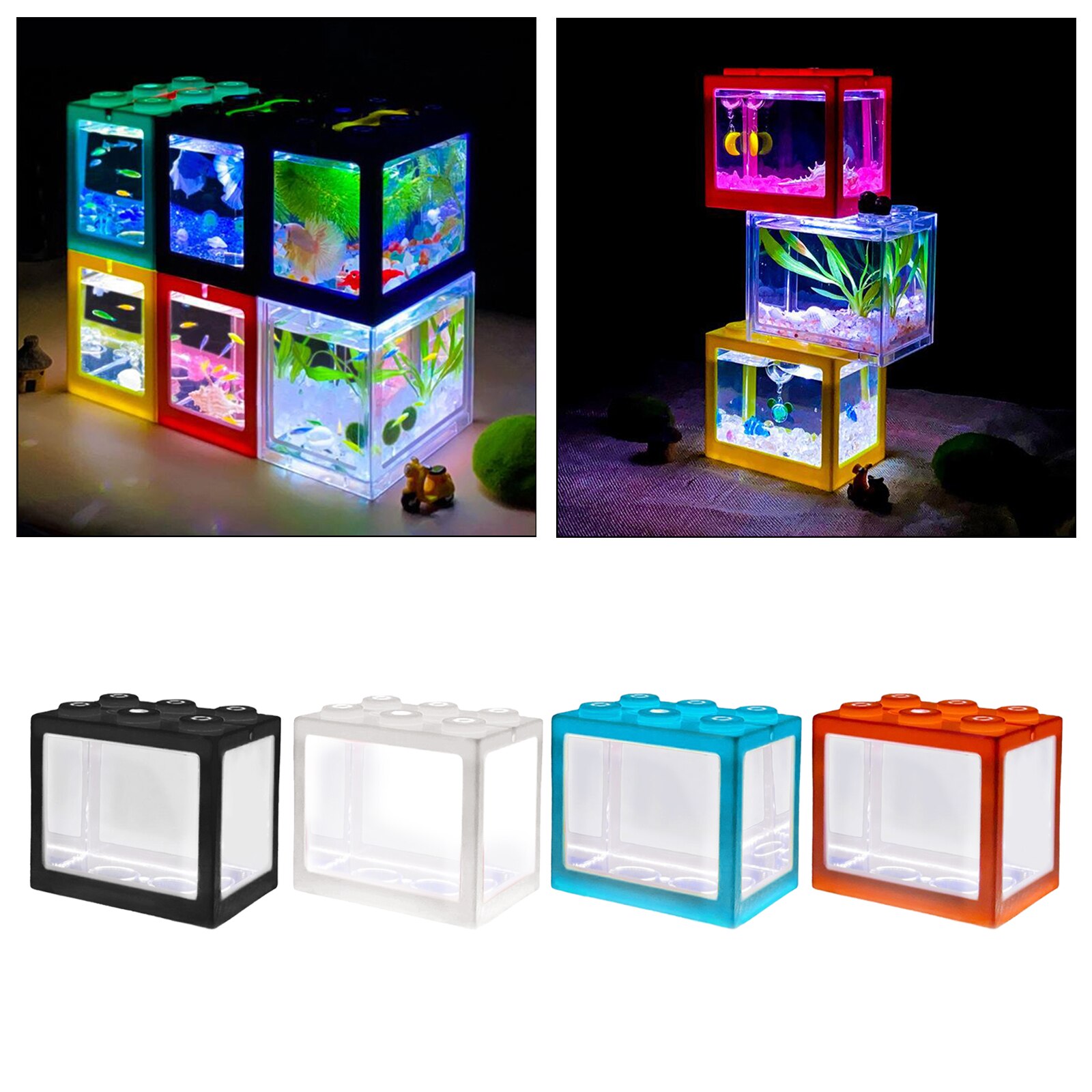 Mini Fish Tank LED Light Clear Ornament Aquarium Office Desktop Decor Pink