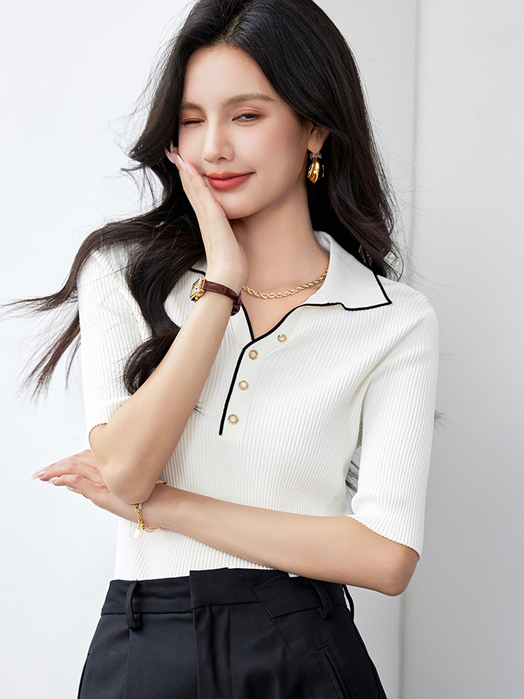Striktrøje dame korte ærmer smalle revers toppe kontrast strik top dame skinny ribbet pullover