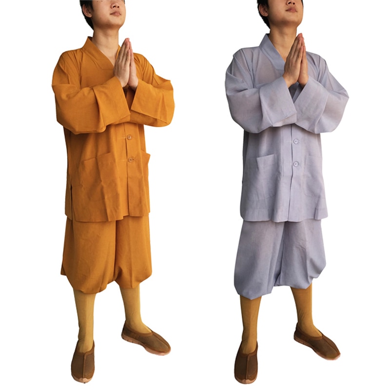 Sommar 2 färger shaolin tempel dräkt zen buddhistisk dräkt låg munk meditation klänning kung fu träning uniform munk kläddräkt