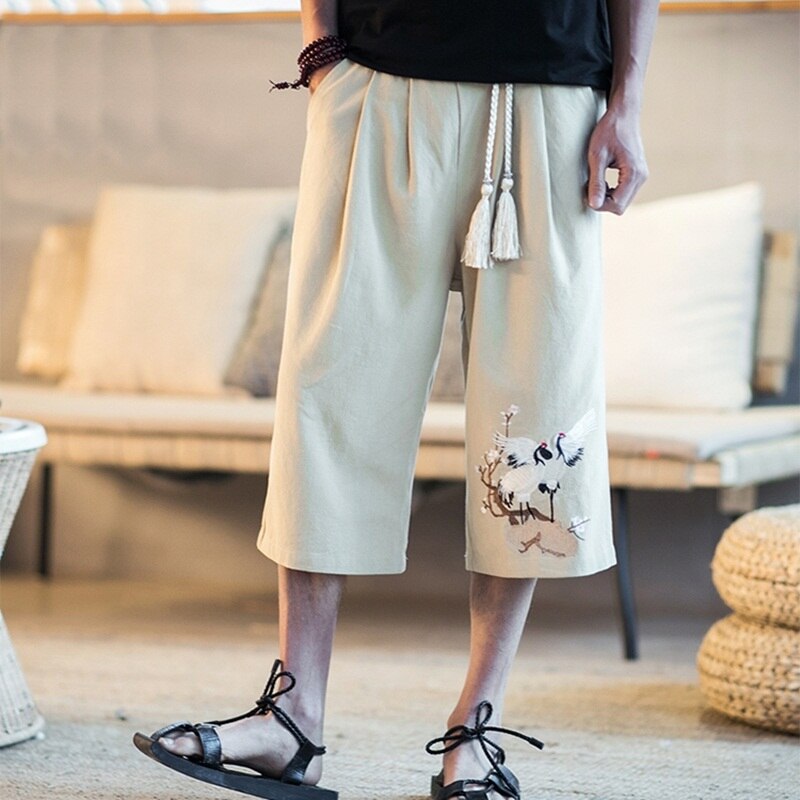 Zomer linnen broek mannen off wit linnen broek heren elastische taille wijde pijpen broek chinese mannelijke kleding M-5XL TA302