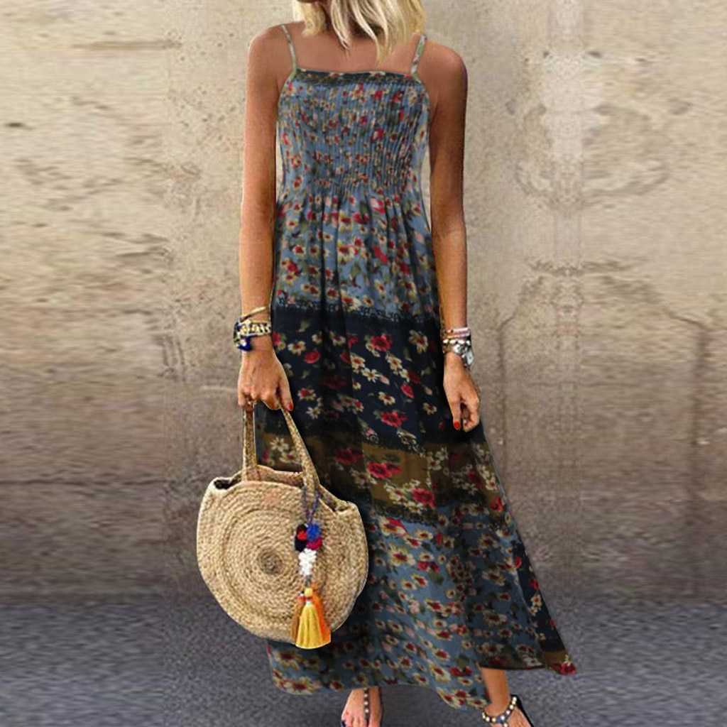 Vestido feminino moda feminina vintage boêmio impressão floral sem mangas o-pescoço correias maxi praia vestidos lagre tamanho solto vestido 39