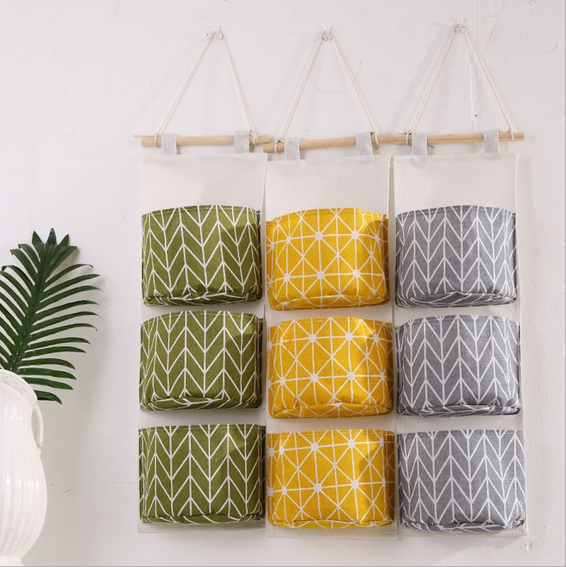 Organizador de lino y algodón para colgar en la puerta de la pared, bolsas de almacenamiento para decoración del hogar, armario, cosméticos, juguetes, 3 bolsillos