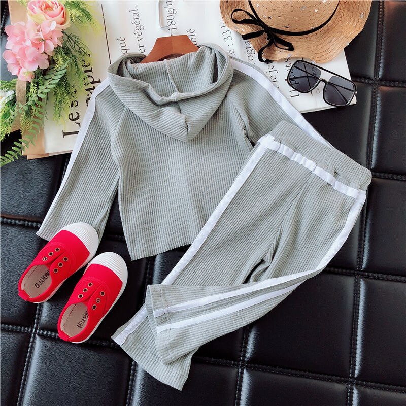 Del Bambino di modo Della Ragazza Ribed Vestiti Set di Cotone Maglia Con Cappuccio + Pant 2PCS di Autunno della Molla Della Ragazza Del Bambino Vestiti Lunghi Del Manicotto set 1-7Y