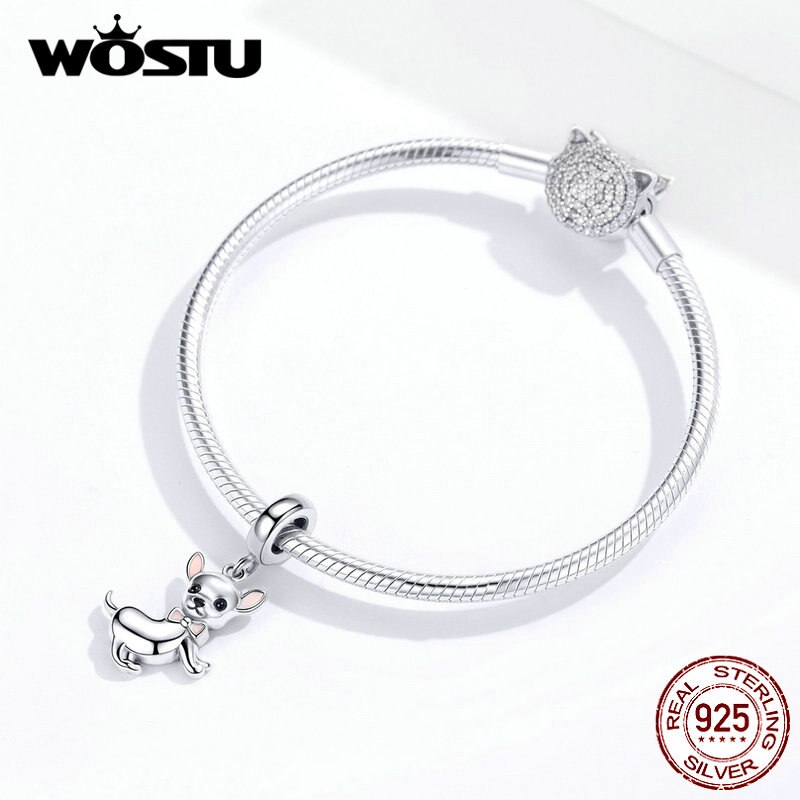 WOSTU Authentische 925 Sterling Silber Chihuahua Hund Charme passen Original Armbinde DIY Perlen Halskette Anhänger Schmuck, Der FIC1317