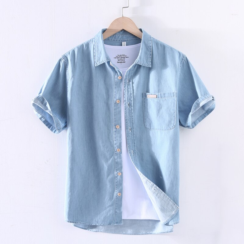 Camisas vaqueras azules para hombres, camisas delgadas de manga corta, de buena , Algodón puro, Tops informales de vaquero, ropa de verano: XXXL