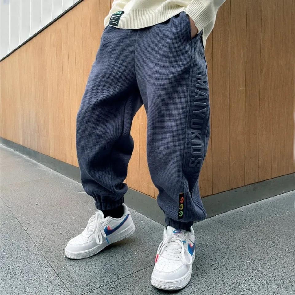 Pantalones de lana para niños de 3 a 14 años, mallas gruesas y cálidas de terciopelo con letras bordadas, ropa de otoño