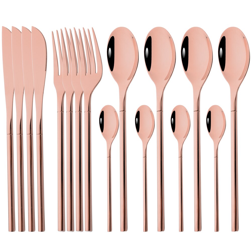 Drmfiy 4/16pcs Noir Ensemble de Vaisselle Couteaux Fourchettes Cuillères Couverts En Acier Inoxydable Couverts Couverts Cuisine Vaisselle: Rose 16Pcs