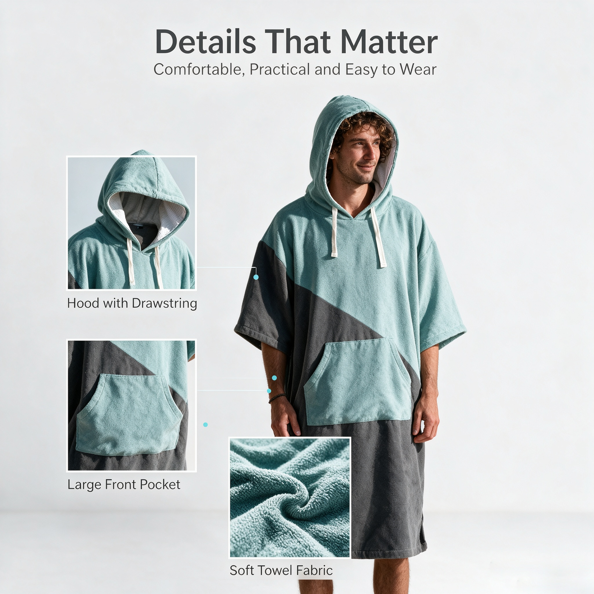 Surfponcho met capuchon, handdoekjas, sneldrogend, omkleedjas, zwemmen, surfen, duiken, draagbare badhanddoek, reizen, fitness, strand