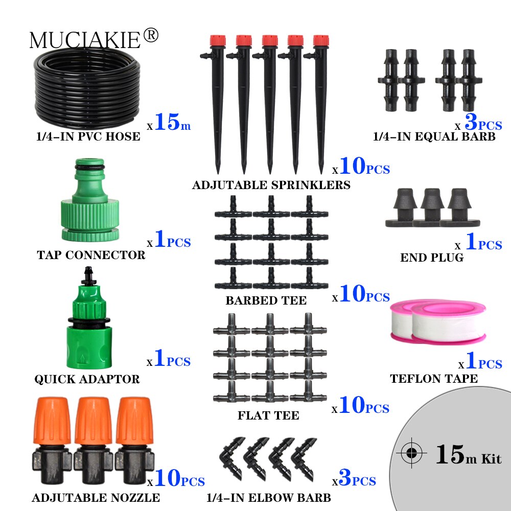 Muciakie garden 1/4 &quot; slange drypvanding automatisk vanding kit tåge spray kølesystem med justerbar drypper controller: 15m 4 l 7 sæt