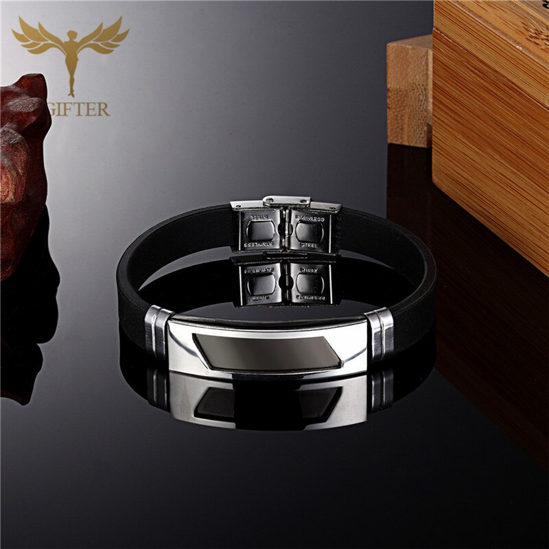Fgift OL Geometrische Armbinde Edelstahl Charme Schwarz Silikon Gürtel Armbänder für Männer Frauen Armreifen Pulseira