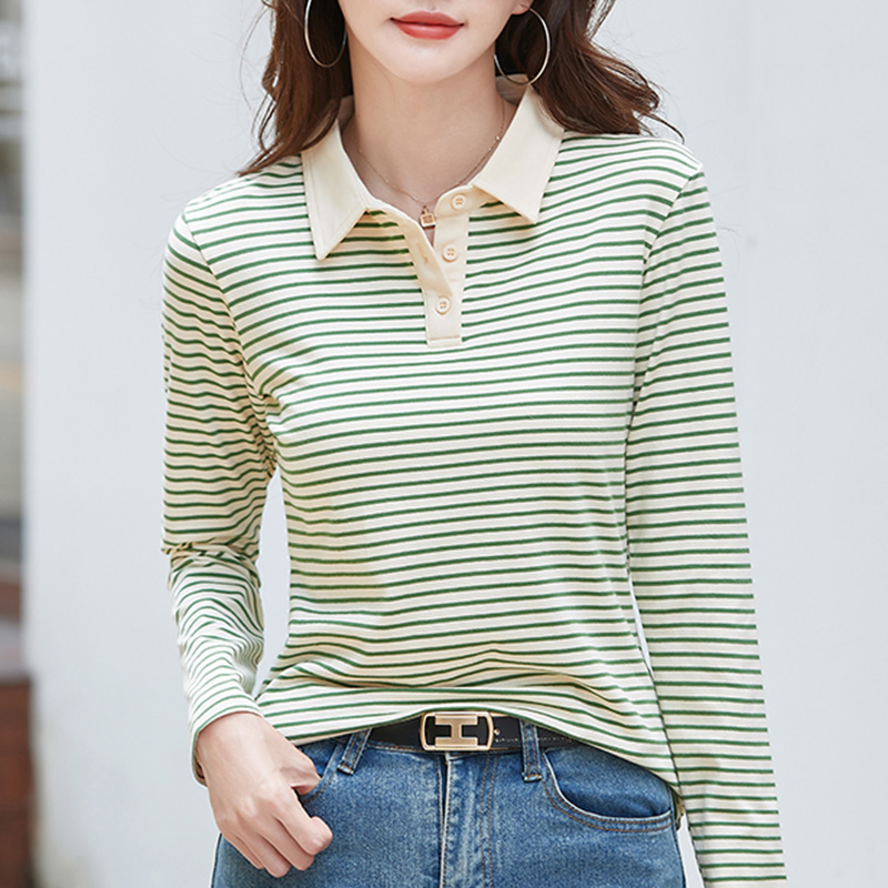 Spring Long Sleeve Striped Polo Shirt Women Cotton Stretch Summer Autumn Knitted Polo T-shirt For Women: XL / Beige